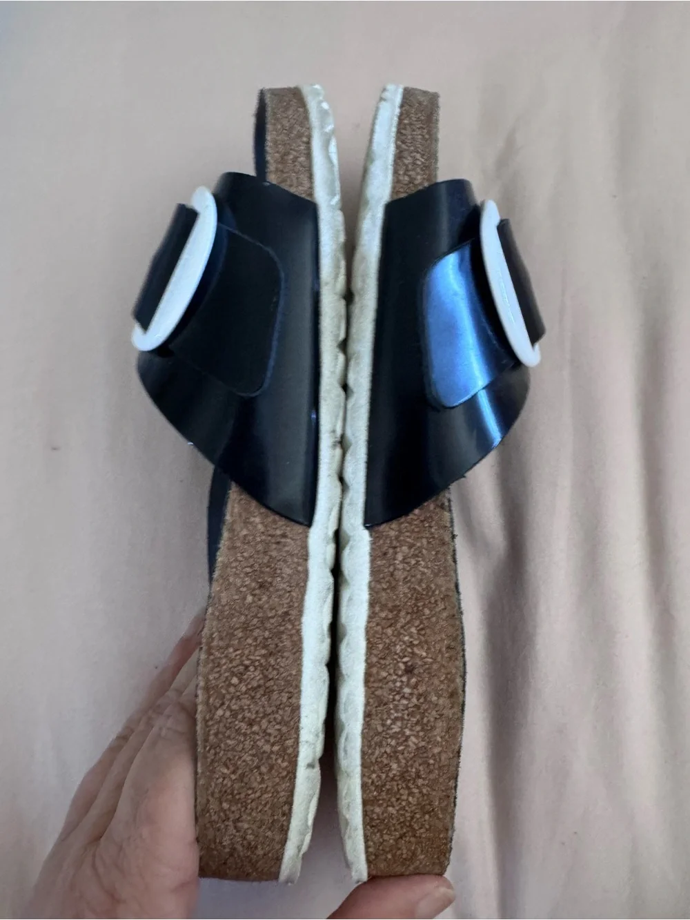 Birkenstock Black Slide Sandals with White Buckles - Picture 3 of 6